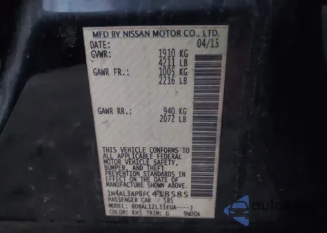 2015 Nissan Altima 2.5 Sv z USA, uszkodzony, nr VIN 1N4AL3AP8FC418585